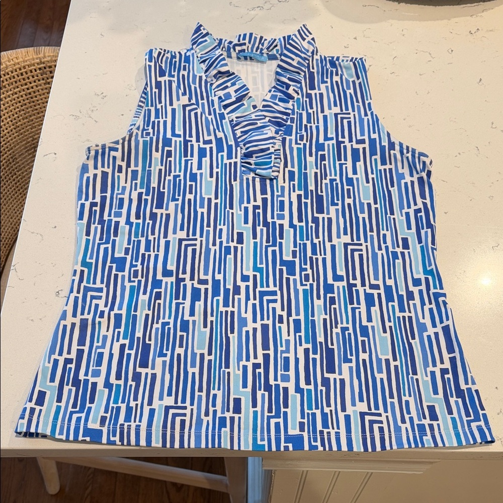 J. McLaughlin Blue and White Patterned Blouse